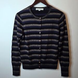 Loft Navy Black Gold Wool Blend Striped Metallic Button Up Cardigan Size Small